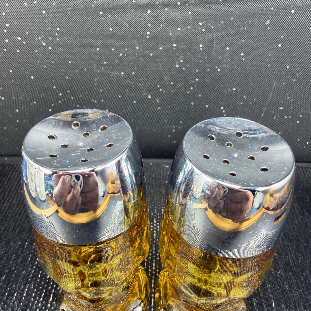 Anchor Hocking Amber Glass Salt and Pepper Shakers Chrome Tops Mid Century
